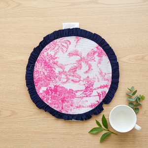 Modern Round Quilted <b>Doormat</b> Ruffle Border Pink Floral Linen Style Multi-functional Home Entry Decor - Product Image 1