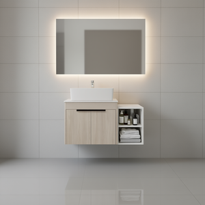 Meuble de salle de bain moderne 36 pouces à fixation murale avec lavabo en céramique, porte à fermeture douce, finition bois clair, étagères de rangement - Product Image 2