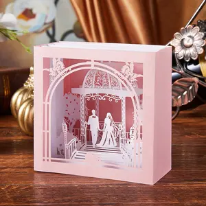 Venta al por mayor de impresión personalizado exquisito hecho a mano talla invitaciones de boda Rosa 3D Pop Up tarjetas de felicitación con sobres OEM