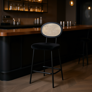 Tabouret de bar moderne en velours, structure en métal noir, rembourrage confortable, mobilier commercial - Product Image 2