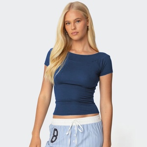 T-shirt basique personnalisé à coupe ajustée, col rond, été, élastique, moulant, uni, sexy, pour femme, crop top - Product Image 1