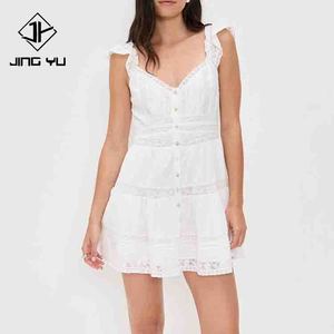 Nouvelle robe courte tendance à col en V avec dentelle plissée et manches à volants, de haute qualité, 100% coton, mini-robe - Product Image 1