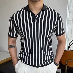 Рубашка-поло мужская в Вертикальную Полоску, роскошная вязаная футболка-поло, цвет черный/белый, лето