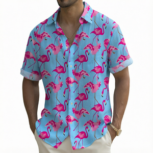 Camisa de manga corta con estampado de flamencos para hombre, talla grande, con botones, estilo hawaiano informal, para primavera y verano - Product Image 1