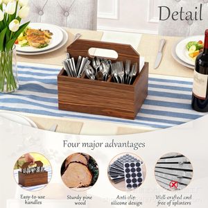 Wooden Cutlery <b>Storage</b> <b>Box</b> Rectangle <b>Kitchen</b> Countertop Organizer With Handle Standing Type Solid Color - Product Image 3