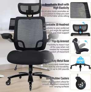 500LBS Big and Tall Mesh <b>Office</b> <b>Chair</b> Ergonomic High Back Headrest Flip‑up Armrests Quiet Wheels - Product Image 2