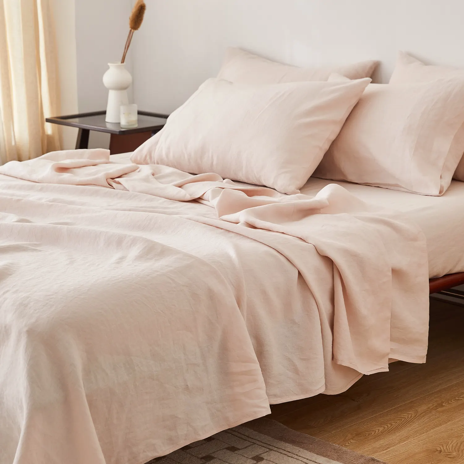 Wholesale Oeko-Tex 100 Certified 100% Linen Stone Washed Peach Bedding Set King Size Flat Sheets Set