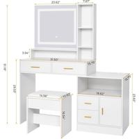 Coiffeuse blanche personnalisée en L avec miroir LED et éclairage, 6 tiroirs, tabouret et rangement pour bijoux