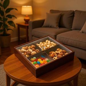 Plateau à fruits secs Jiugongge pour salon, plateau en bois Sigongge pour <span class=keywords><strong>cheminée</strong></span>, plateau à noix, plateau à dim sum avec couvercle - Product Image 1