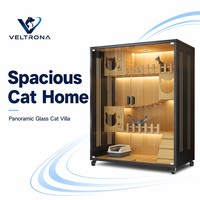 Vila para Gatos de Madeira com Vários Níveis, Portas Deslizantes de Vidro, Iluminação LED, Recortes em Formato de Cabeça de Gato e Caixa de Areia para Gatos de Interior