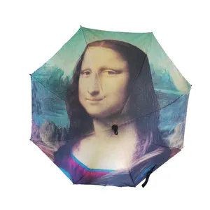 Mona Lisa figure personage digital printing Wholesale custom latest waterproof wooden handle umbrella with logo prints