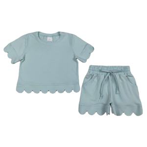 GSSO3174 rts Vente en gros Ensemble de vêtements d'été en coton bleu ciel uni imprimé pour petite fille, manches courtes - Product Image 1