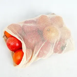 पुनर्नवीनीकरण शॉपिंग कपास कैनवास प्राकृतिक रंग मेष drawstring बैग के साथ कस्टम आकार कस्टम लोगो सब्जी फल किराने बैग