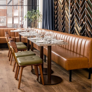 Luxury <b>Brown</b> PU Vertical Stitch Booth Seating Marble Restaurant <b>Table</b> Wood Upholstered Chair For Commercial Use - Product Image 1