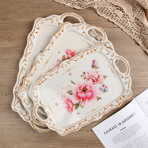 Juego de Bandejas de Melamina con Asas - Rectangulares, Gruesas, Estilo Retro de Lujo, con Relieve Floral, para Uso Doméstico - Product Image 5