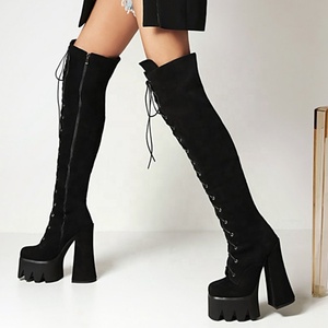 Hot Soft Suede Leather Black Over Knee <b>Boots</b> Long Lace-up Thick Heel Shoes Women <b>Boots</b> Winter Warm Platform Size 44 - Product Image 1