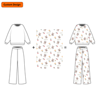Piyama Wanita Rajut Nyaman Bermotif Lengan Panjang V-neck, Baju Tidur Lucu Bergaya Santai, Celana Piyama Rib Pinggang Elastis untuk Wanita