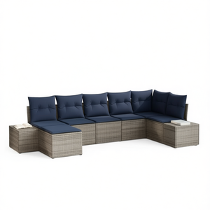 Grey Poly <b>Rattan</b> Garden <b>Sofa</b> Set With Cushions Contemporary Outdoor Furniture 7 Piece - Product Image 1