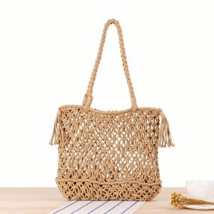 Bolso de mano de malla de algodón con borlas de ganchillo, nuevo y moderno, para mujer, ideal para la playa y vacaciones, venta al por mayor. - Product Image 6