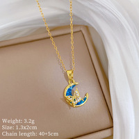 Kalung Liontin Bulan Baja Tahan Karat Lapis Emas 18K Zirkon Mikro Insert Putih Biru Hadiah Wanita Rantai Pesta