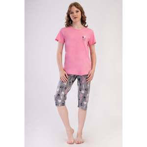 Conjunto de pantalón capri y top de cuello redondo KADIN P.SUPREM O YAKA KISA KOL ETEGI OVAL - Rosa - Rosa - Product Image 1