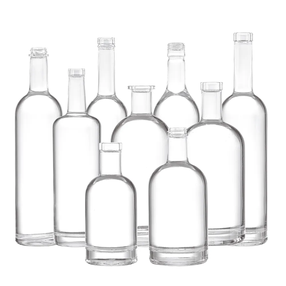 Toptan fabrika satış şeffaf özel 750ml 500ml cam şişeler için ahşap kapaklı ruhu şişe şarap