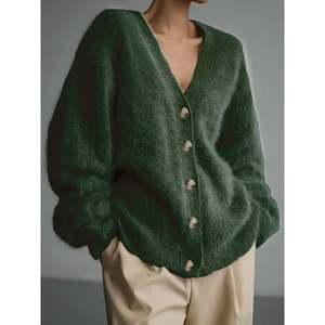 Cárdigan de punto con cuello en V, verde, talla 0XL, para mujer - Product Image 1