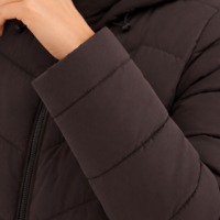 Chaqueta acolchada elástica negra con capucha para mujer, abrigo de invierno cálido con cremallera frontal y manga completa, ropa exterior personalizada