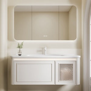 Mueble de baño estilo crema francés con lavabo integrado de cerámica, lavabo de baño de roble - Product Image 1