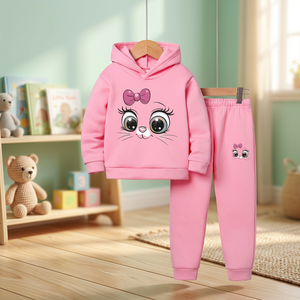 Conjunto Deportivo de 2 Piezas con Capucha de Gato de Dibujos Animados Rosa para Niñas, Estilo Casual de Otoño - Product Image 2
