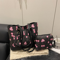 Ensemble de 3 sacs fourre-tout à imprimé cerise pour femmes, sac à main à bandoulière de grande capacité, sac de shopping décontracté mignon avec petite pochette
