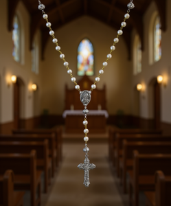 Bracciale rosario con crocifisso color argento e perle simulate, gioiello religioso, regalo di fede, unisex - Product Image 2