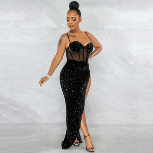 Noche <span class=keywords><strong>Gala</strong></span> Malla Perspectiva Split Elegante Hasta el suelo Vestido Ropa de mujer - Product Image 2