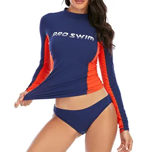 네이비 대비 색상 여성 래쉬 가드 투피스 수영복 비치웨어 공급 업체 수영복
