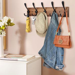 Porte-manteau mural porte-chapeau en bois pour crochets muraux cintre en bois de pin avec 5 crochets triples pour accrocher manteau chapeau veste - Product Image 5