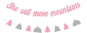 Decorazioni per Baby Shower a Tema Montagna, Striscione 'She Will Move Mountains', Banner con Alberi di Montagna Rosa <span class=keywords><strong>e</strong></span> Grigio per Festa Baby Shower Avventura - Product Image 2