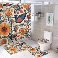 Ensemble de salle de bain quatre pièces style bohème en polyester rose avec mandala coloré, rideau de douche, tapis de sol et coussin de siège de toilette