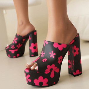 Sandales à talons hauts épais pour femmes, imprimé floral, bout ouvert, chaussures de soirée à plateforme épaisse - Product Image 3