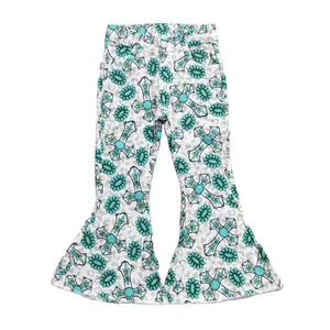 wholesale hot sale new design baby girls clothes Jewel cross leopard print denim pants western boutique trousers