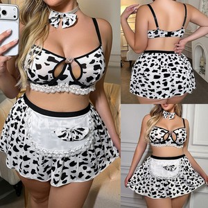 Ensemble <span class=keywords><strong>de</strong></span> lingerie <span class=keywords><strong>de</strong></span> femme <span class=keywords><strong>de</strong></span> chambre grande taille à imprimé vache, jupe <span class=keywords><strong>tablier</strong></span> ajourée à armatures avec collier ras-du-cou à nœud - Product Image 2