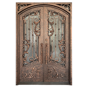 Porte double manuelle en fer forgé moderne avec verre trempé, porte d'entrée ornée forgée à la main pour villa et maison de luxe - Product Image 1