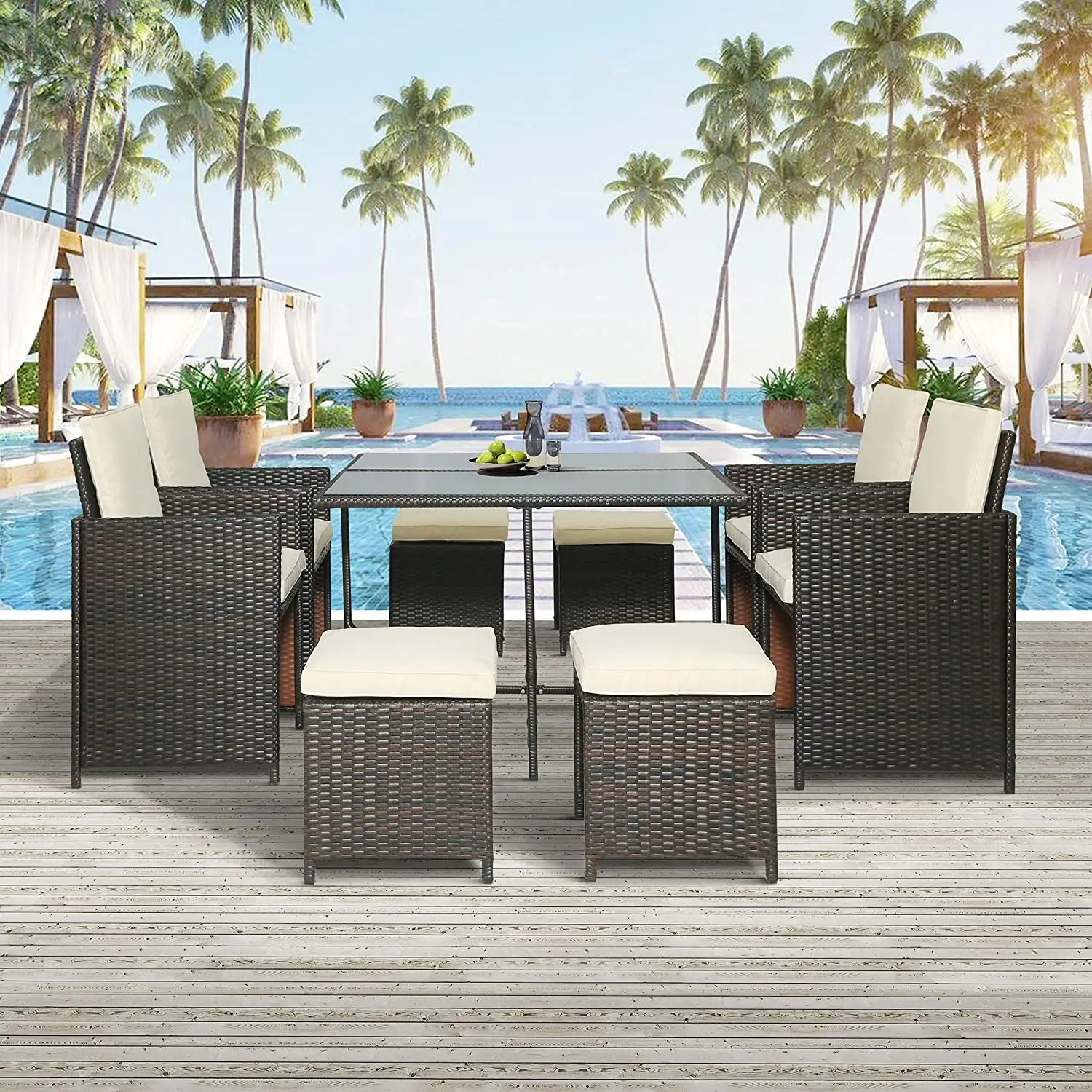 9Pcs Outdoor Terrasmeubilair Sets Rotan Rieten Patio Eettafel Set Tuin Conversation Sofa Set