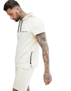 Mini short sweat-shirt blanc avec poches latérales pour femme, ceinture avec cordon de serrage, crème, vente en gros, manches courtes, fermeture éclair sur le côté