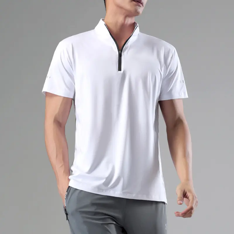 T-shirt sportiva casual da uomo personalizzata ad asciugatura rapida traspirante stile sottile tinta unita mezza cerniera manica corta