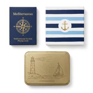 Jeu de cartes de poker personnalisé style nautique méditerranéen, finition lin, bleu et doré à chaud, pour club nautique, bateau de croisière, cadeau - Product Image 3