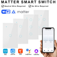 Interrupteur intelligent Wi-Fi Matter, norme américaine, 1/2/3/4 gangs, panneau tactile en verre, 10A, contrôle à distance par réseau, sans neutre N+L