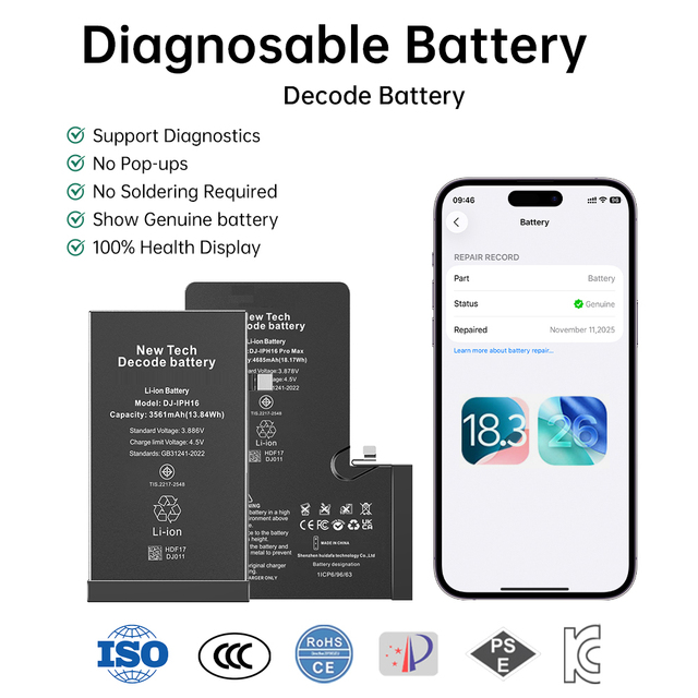 CE Certified Diagnostic Battery for iPhone 12 13 14 15 16 Pro Max 6 7 8 Plus X XR XS 11 Genuine Batteries 100% Health
