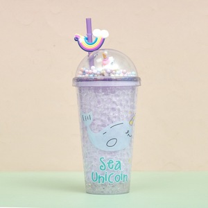 Gobelet en plastique 450 ml à double paroi avec paille, motif licorne baleine arc-en-ciel, décor nuage arc-en-ciel, couvercle dôme, mignon et mini - Product Image 3