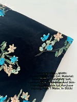 Tissu brodé de fleurs à sequins bleus étincelants, dentelle noire de luxe en maille pour robe de soirée, tenue de scène