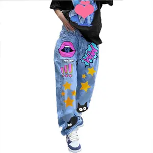 KY All over Print Washed Hip Hop Wholesale Baggy Jeans Women Loose